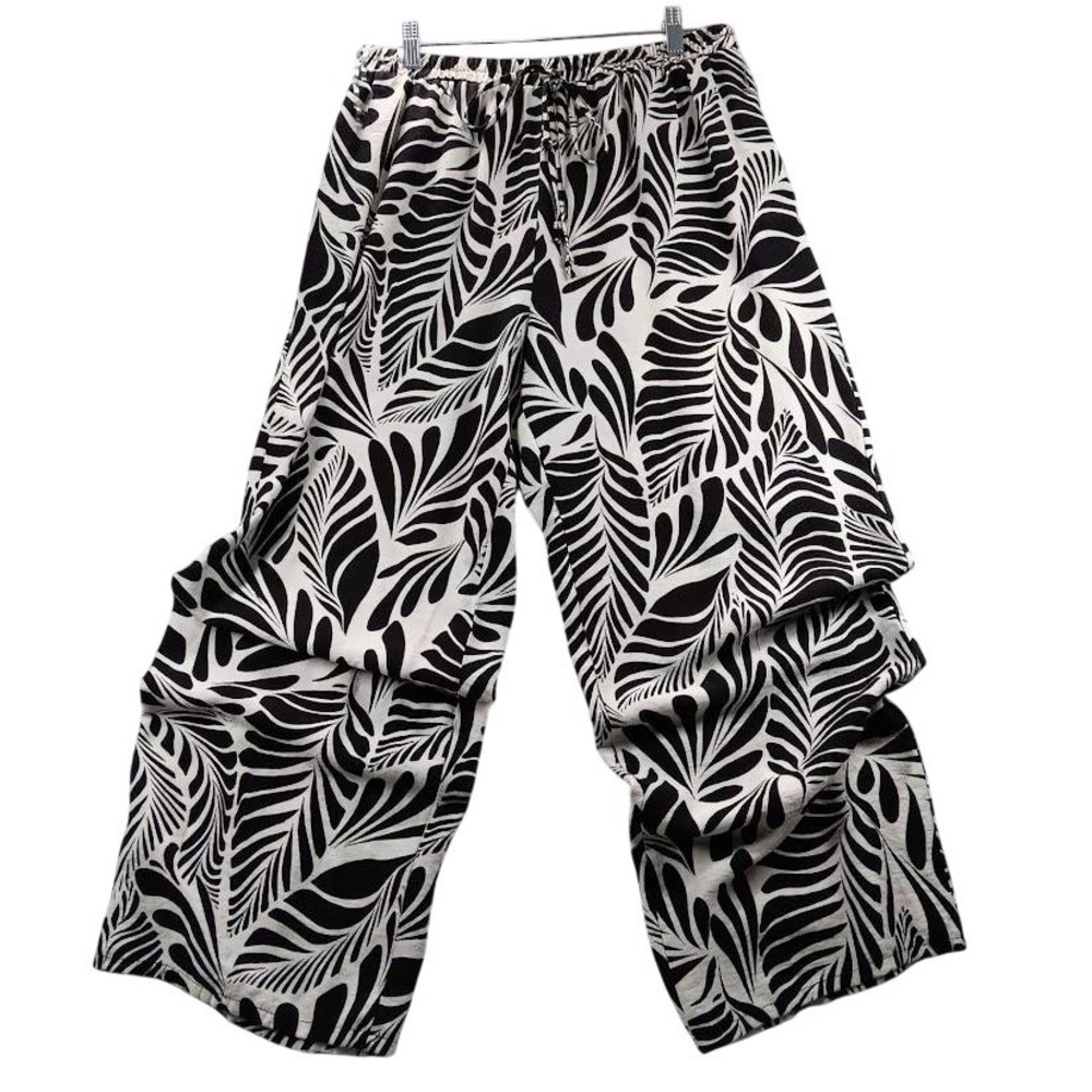 Mlle Gabrielle Dress Pants Womens XL Black Tropical Leaf Elastic Waist Wide Leg